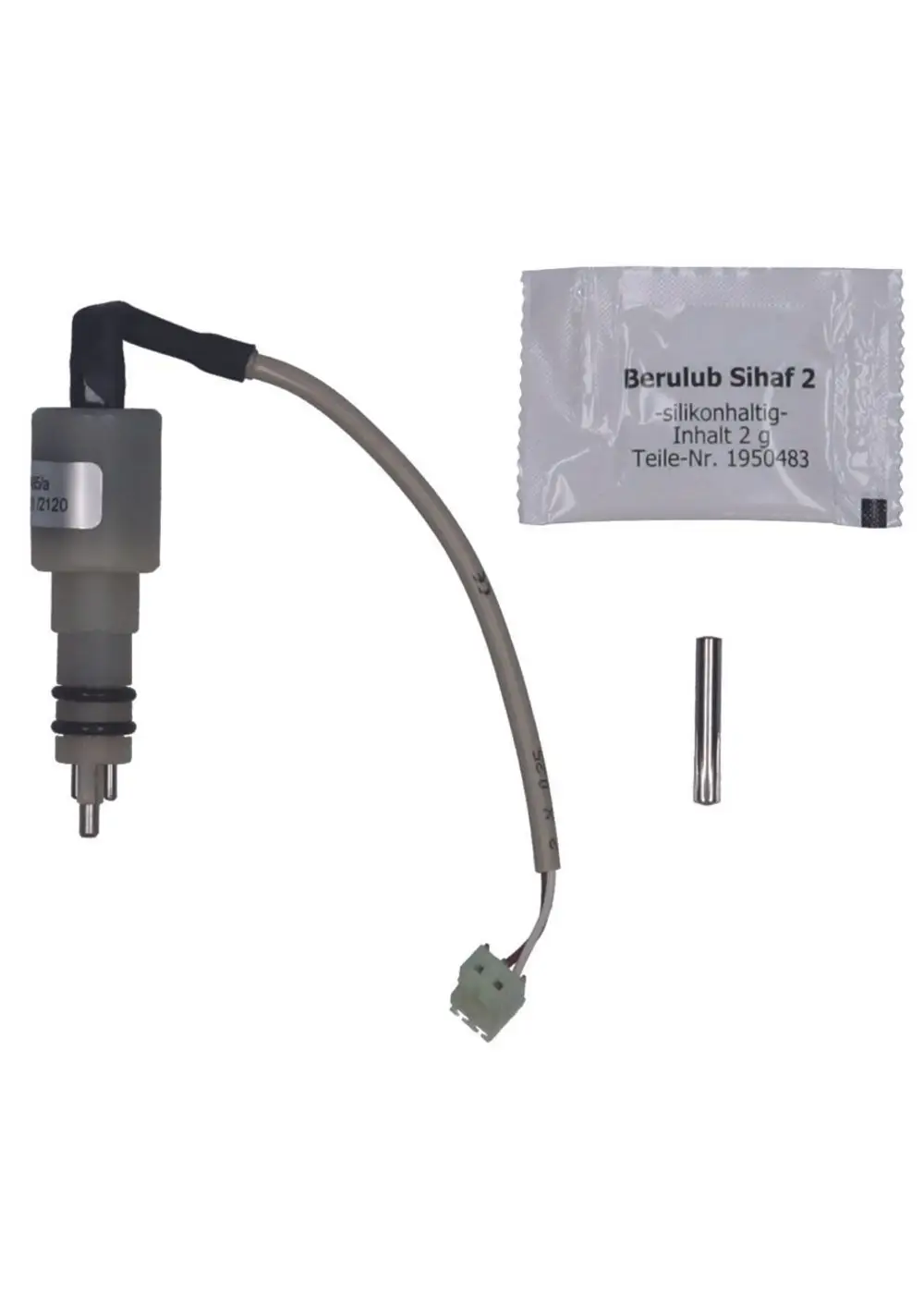 Judo Ersatzteilset, bestehend aus einem Leitwertsensor, einer silikongefüllten Packung und einem metallischen Teil.